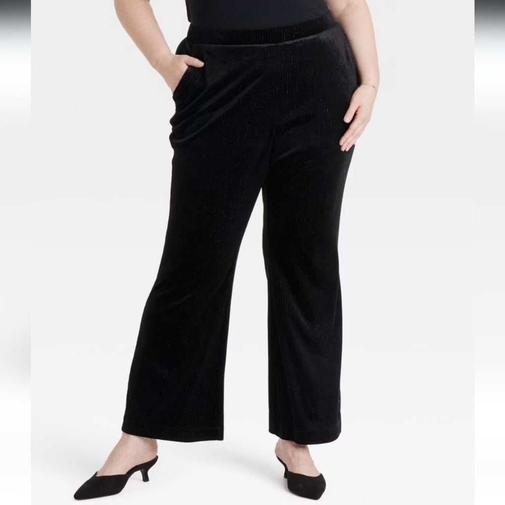 Women's High-Rise Velvet Trousers - Ava & Viv Black Metallic Pinstripe 3X